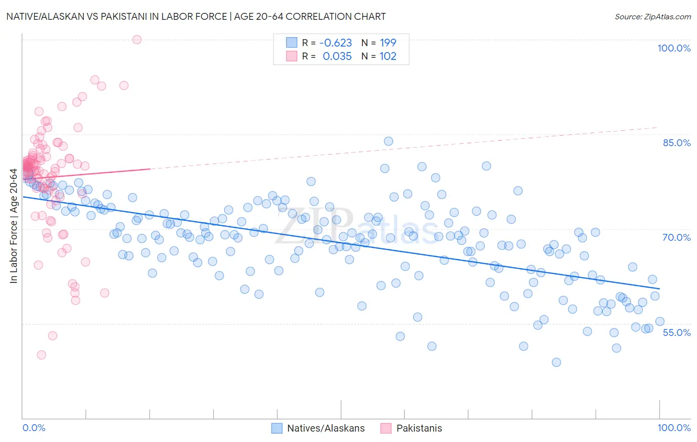 Native/Alaskan vs Pakistani In Labor Force | Age 20-64