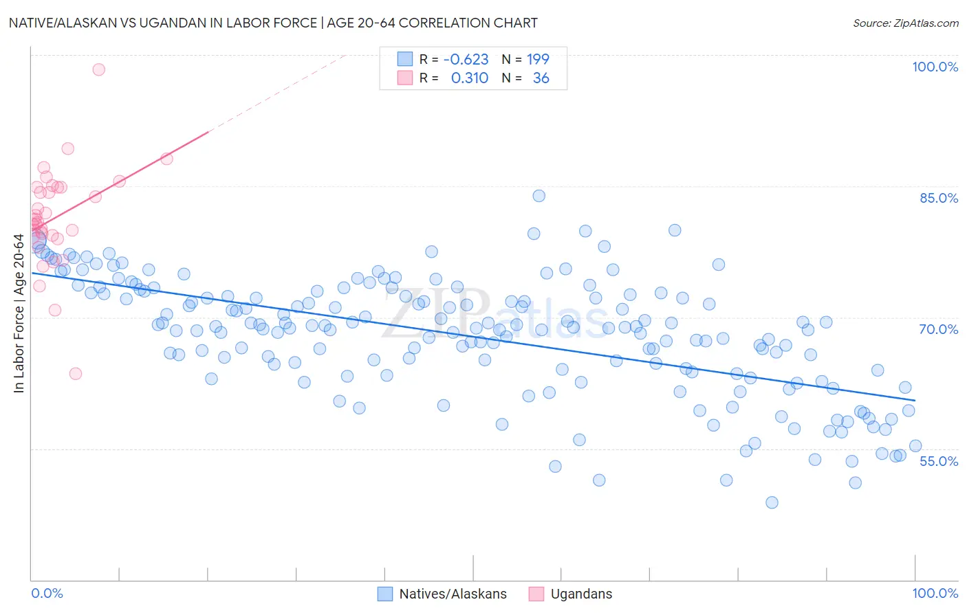 Native/Alaskan vs Ugandan In Labor Force | Age 20-64