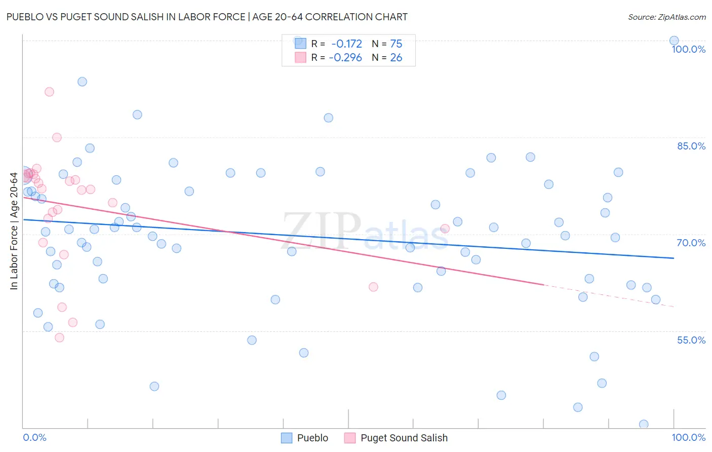 Pueblo vs Puget Sound Salish In Labor Force | Age 20-64