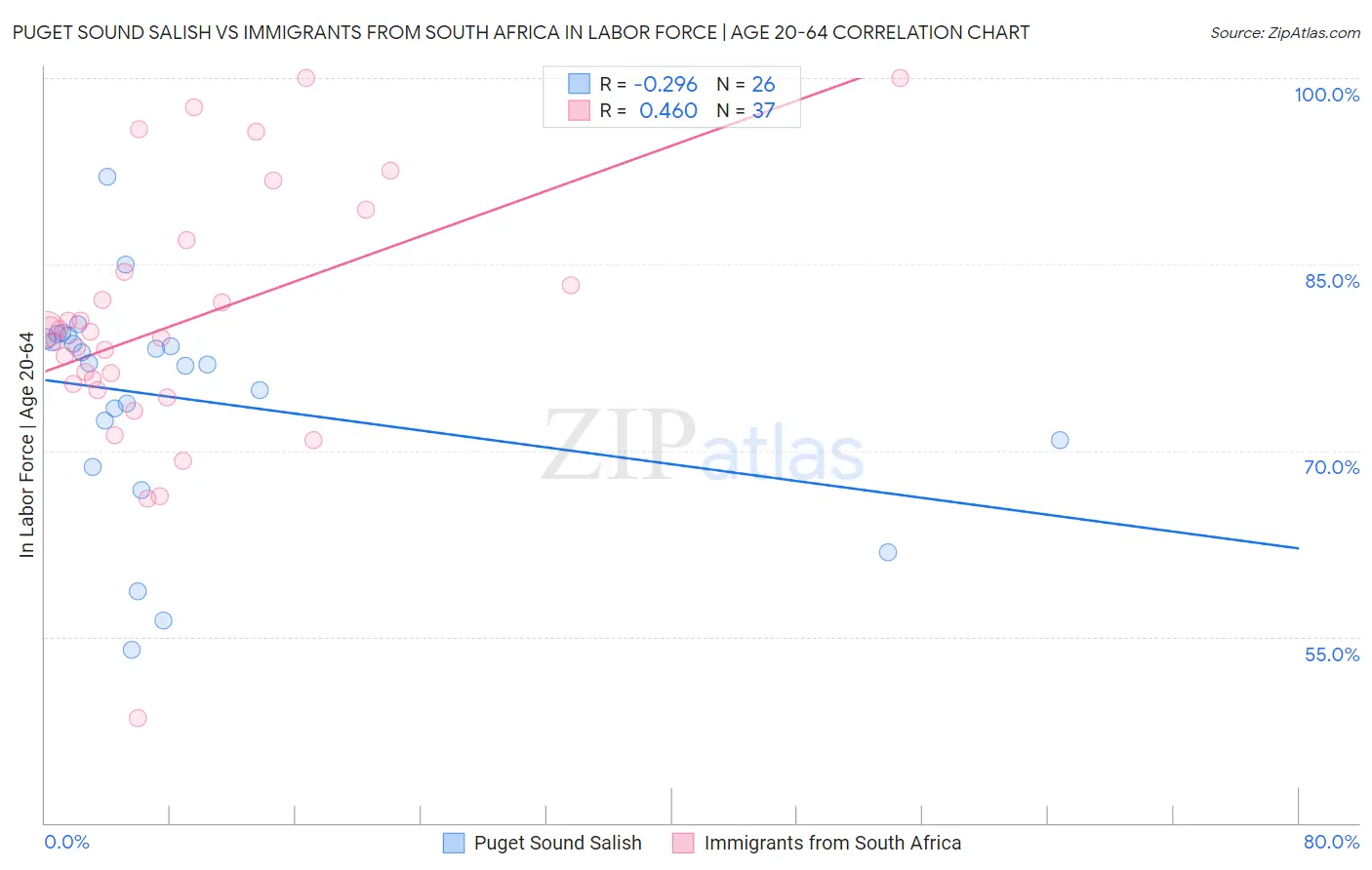 Puget Sound Salish vs Immigrants from South Africa In Labor Force | Age 20-64