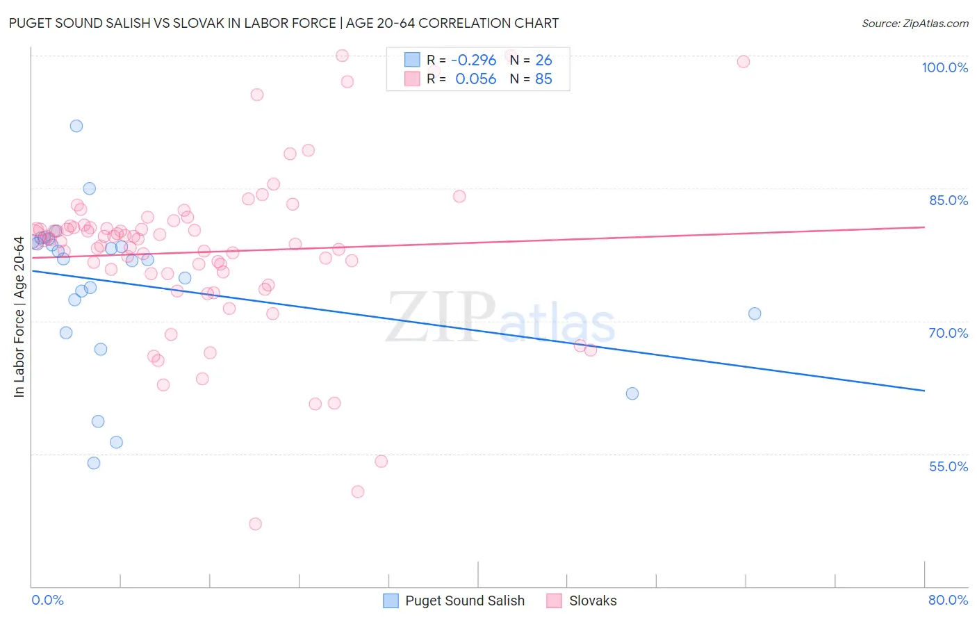 Puget Sound Salish vs Slovak In Labor Force | Age 20-64