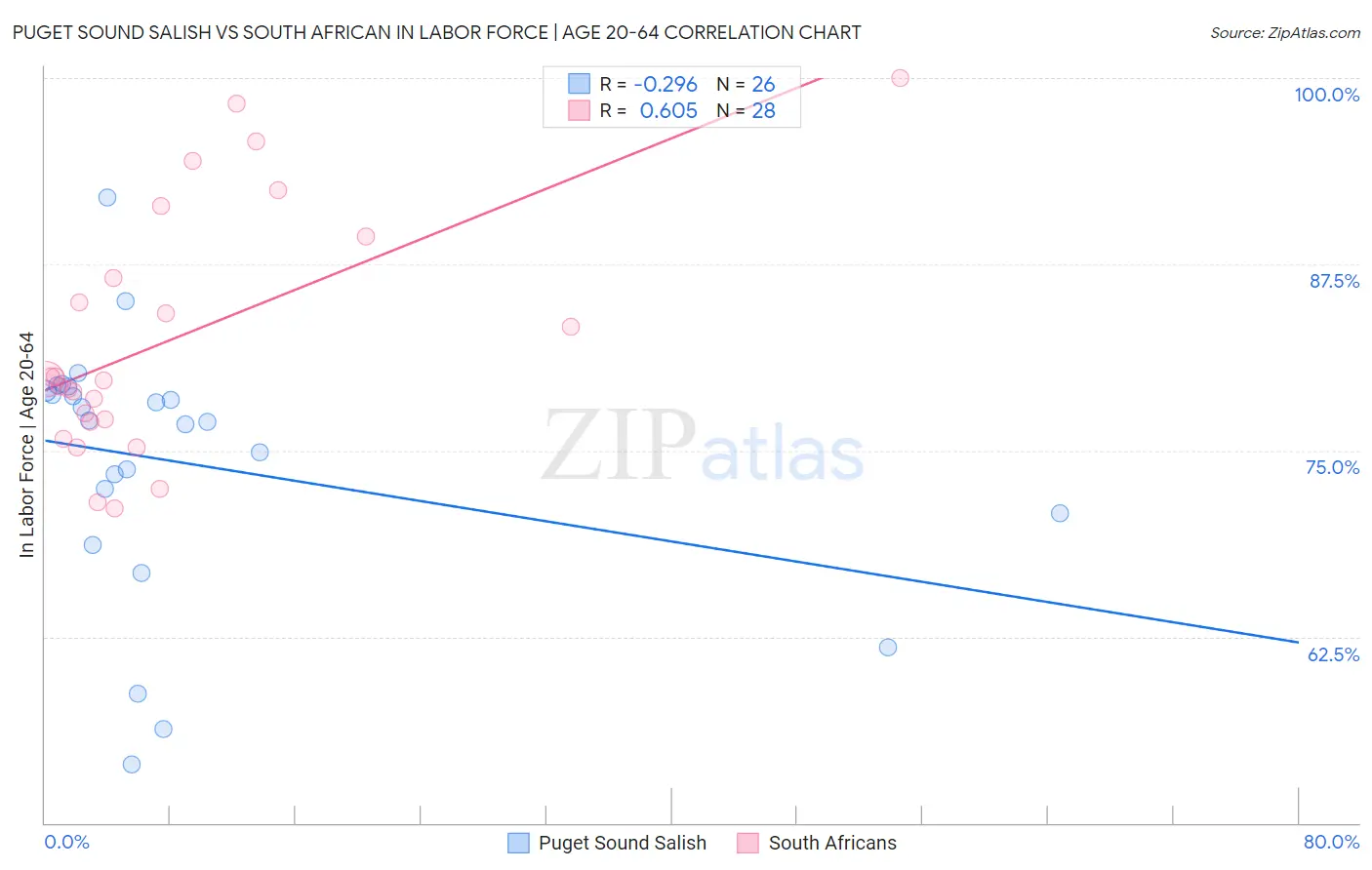 Puget Sound Salish vs South African In Labor Force | Age 20-64