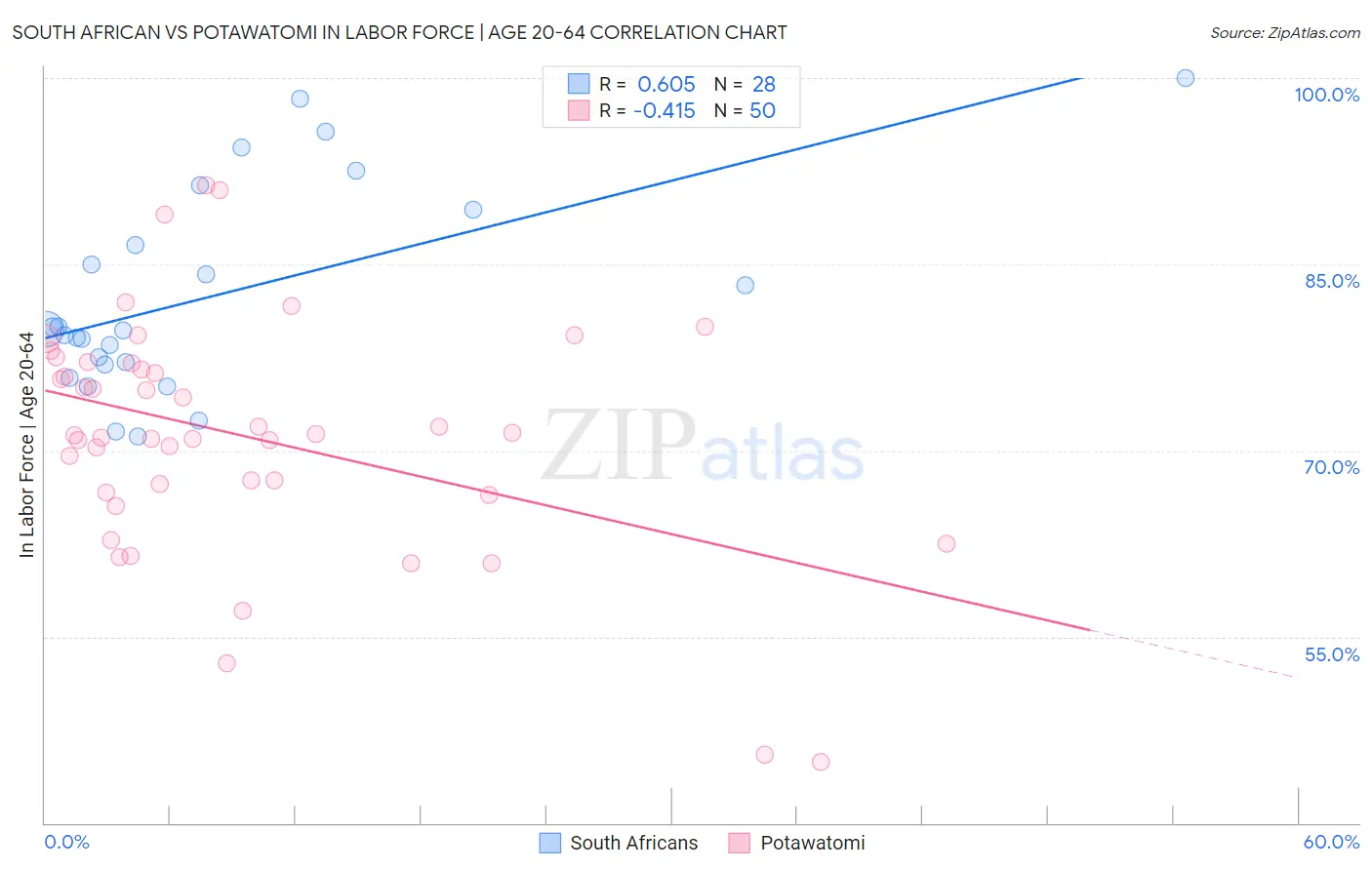 South African vs Potawatomi In Labor Force | Age 20-64