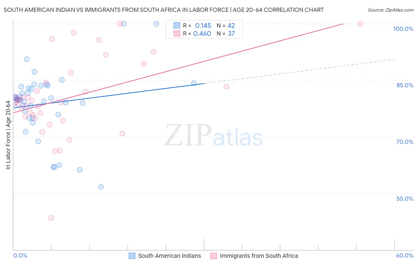 South American Indian vs Immigrants from South Africa In Labor Force | Age 20-64