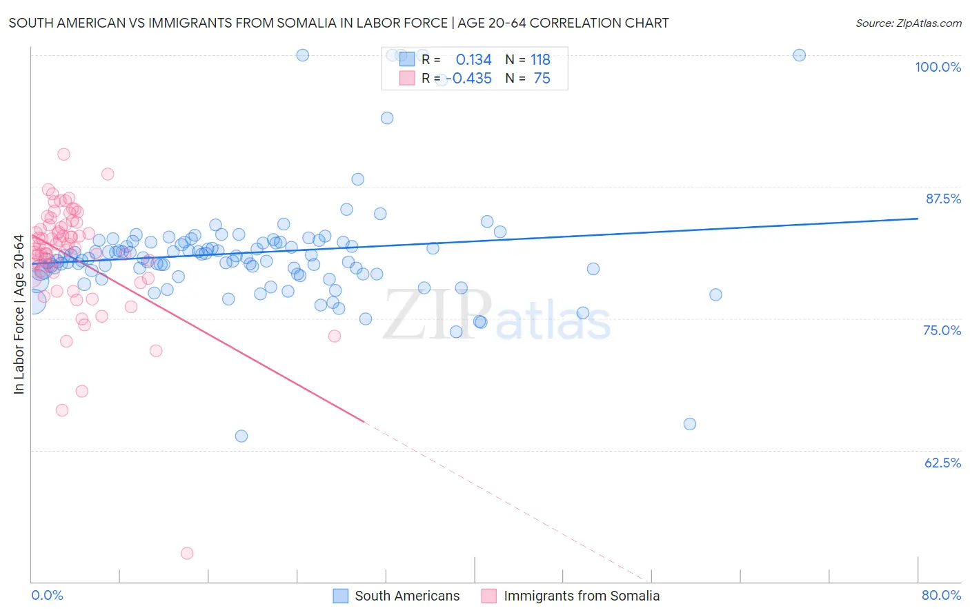 South American vs Immigrants from Somalia In Labor Force | Age 20-64