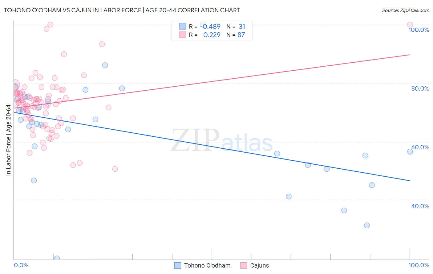 Tohono O'odham vs Cajun In Labor Force | Age 20-64