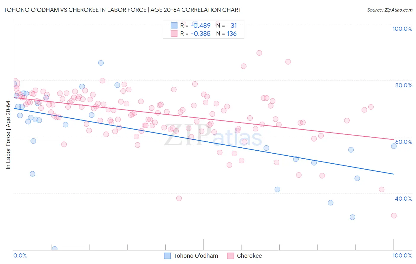 Tohono O'odham vs Cherokee In Labor Force | Age 20-64