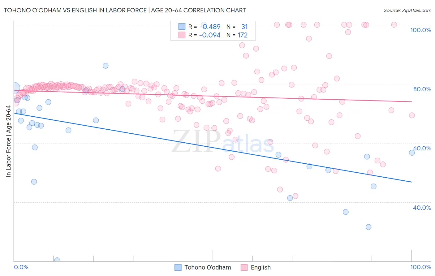 Tohono O'odham vs English In Labor Force | Age 20-64