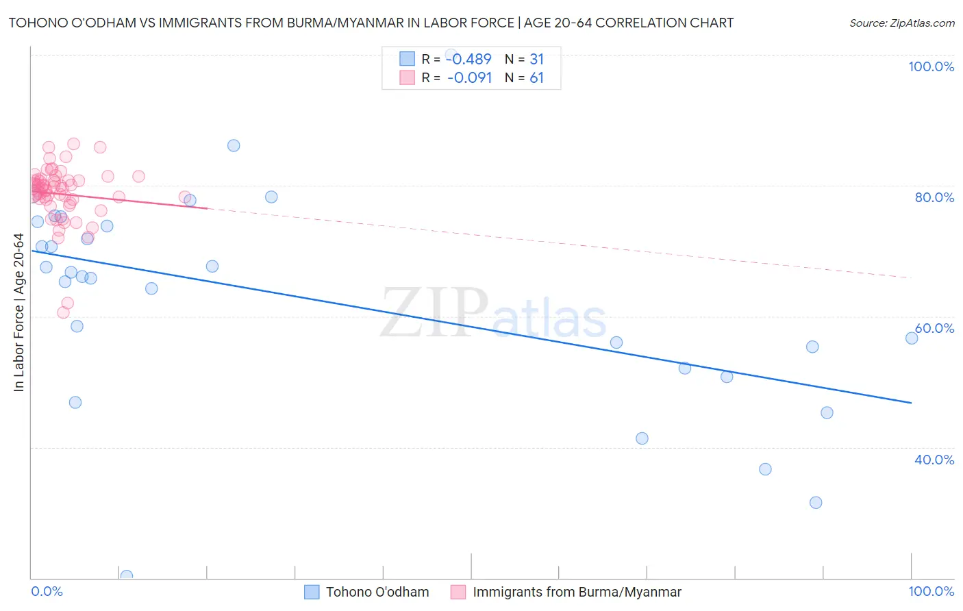 Tohono O'odham vs Immigrants from Burma/Myanmar In Labor Force | Age 20-64