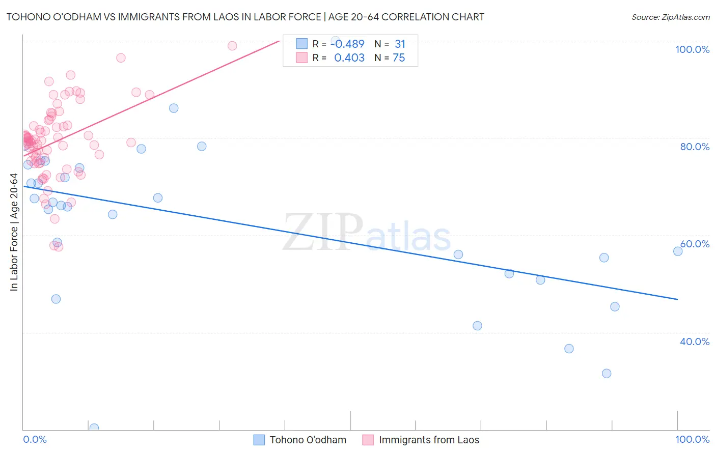 Tohono O'odham vs Immigrants from Laos In Labor Force | Age 20-64