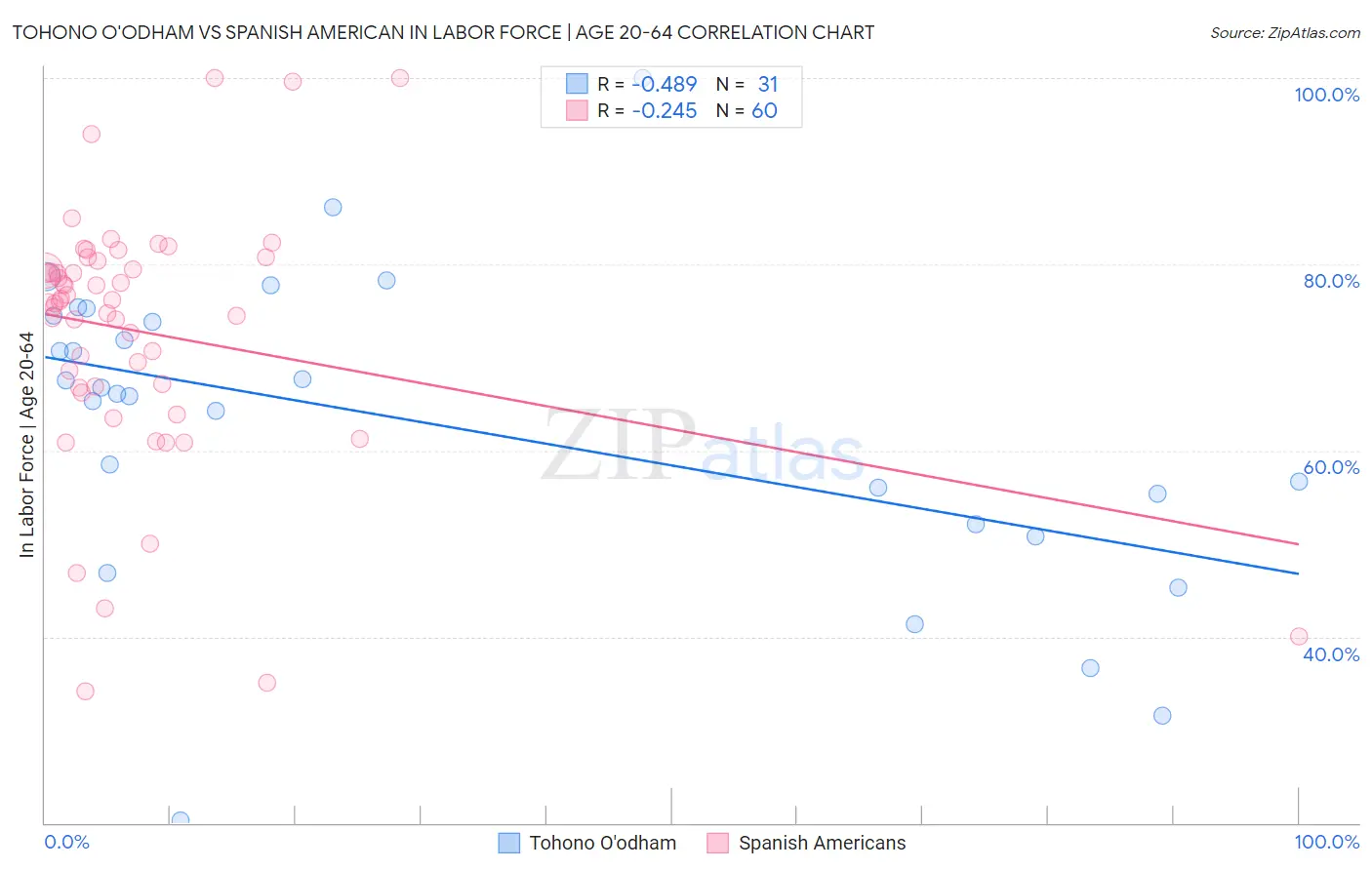 Tohono O'odham vs Spanish American In Labor Force | Age 20-64