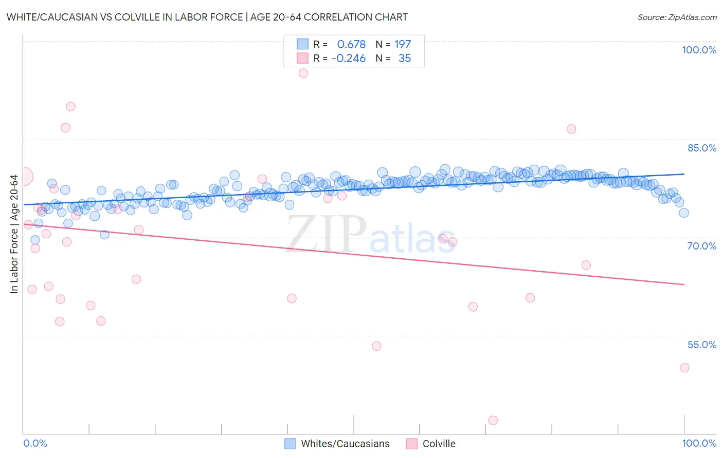 White/Caucasian vs Colville In Labor Force | Age 20-64