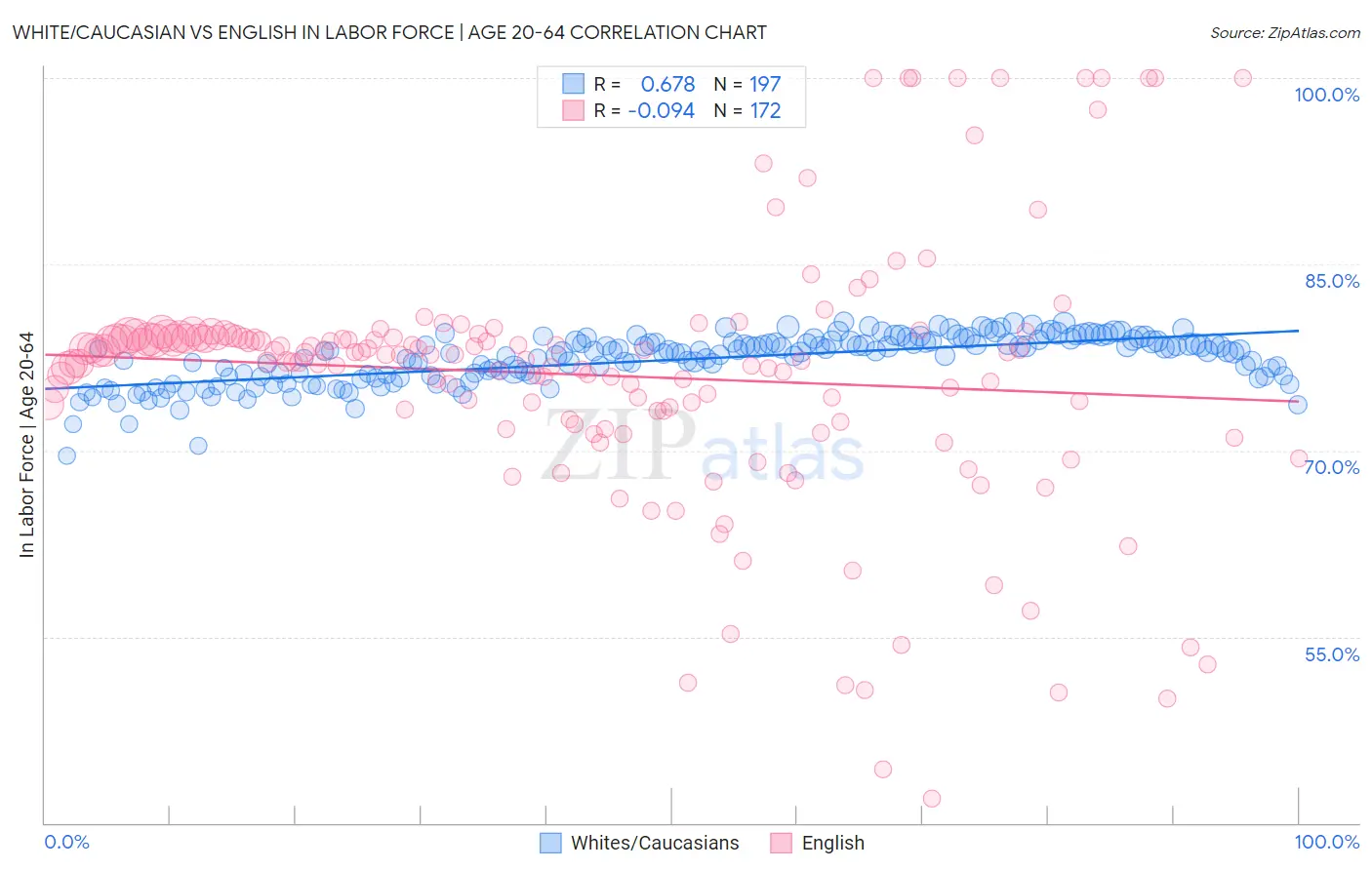 White/Caucasian vs English In Labor Force | Age 20-64