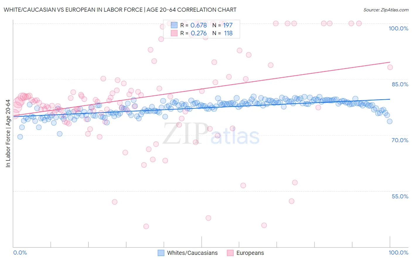 White/Caucasian vs European In Labor Force | Age 20-64