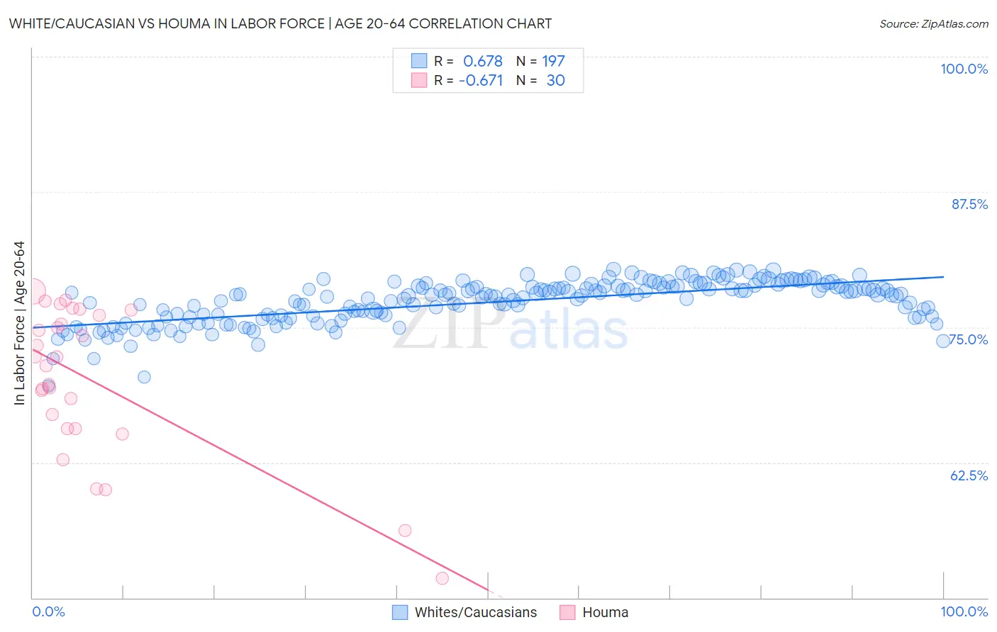 White/Caucasian vs Houma In Labor Force | Age 20-64