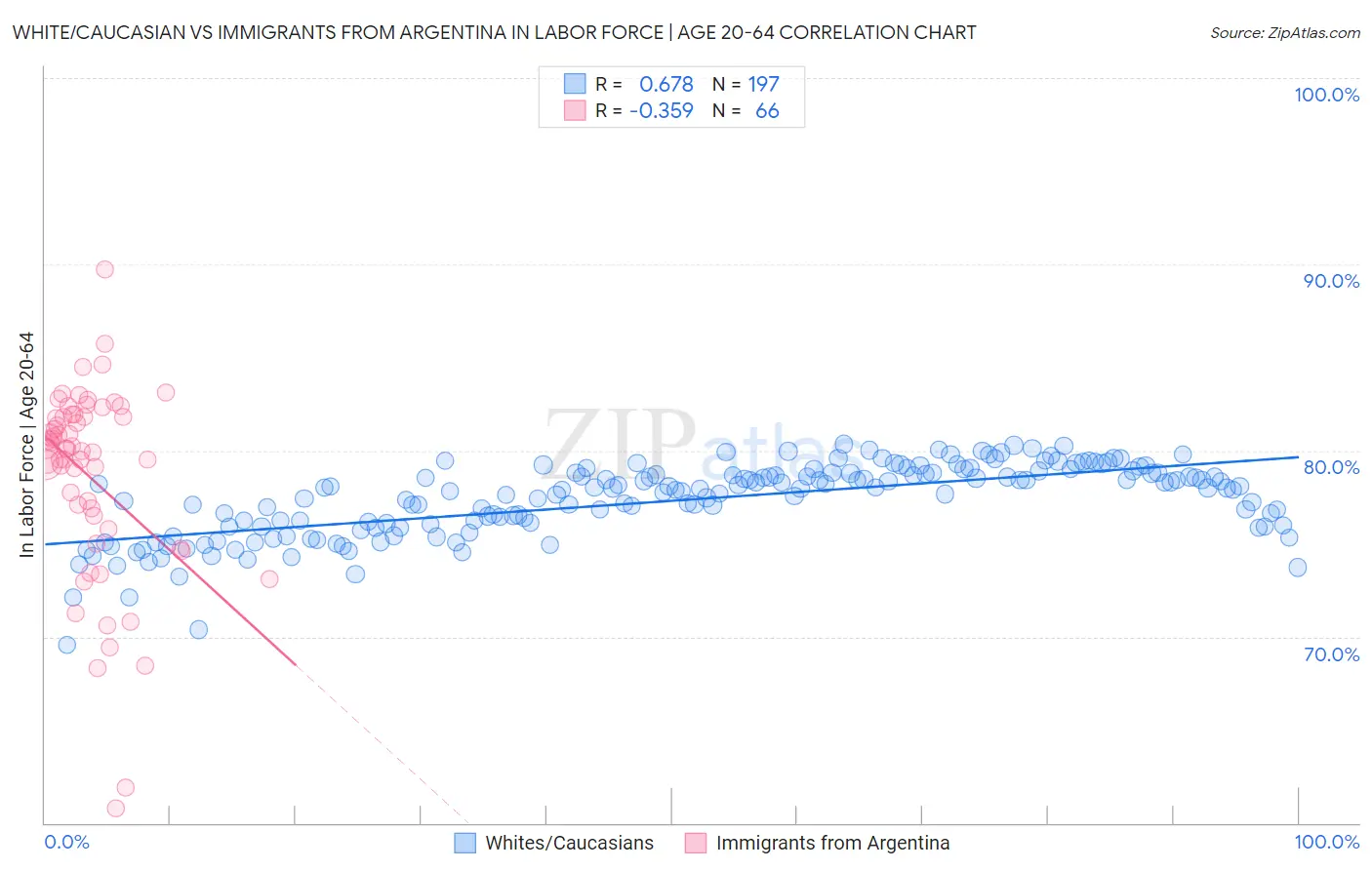 White/Caucasian vs Immigrants from Argentina In Labor Force | Age 20-64