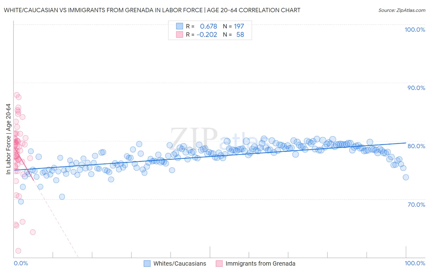 White/Caucasian vs Immigrants from Grenada In Labor Force | Age 20-64