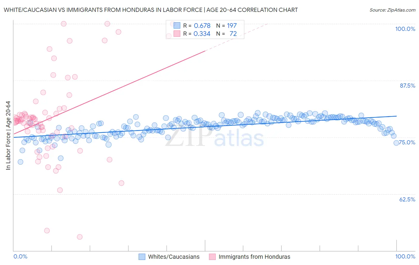 White/Caucasian vs Immigrants from Honduras In Labor Force | Age 20-64