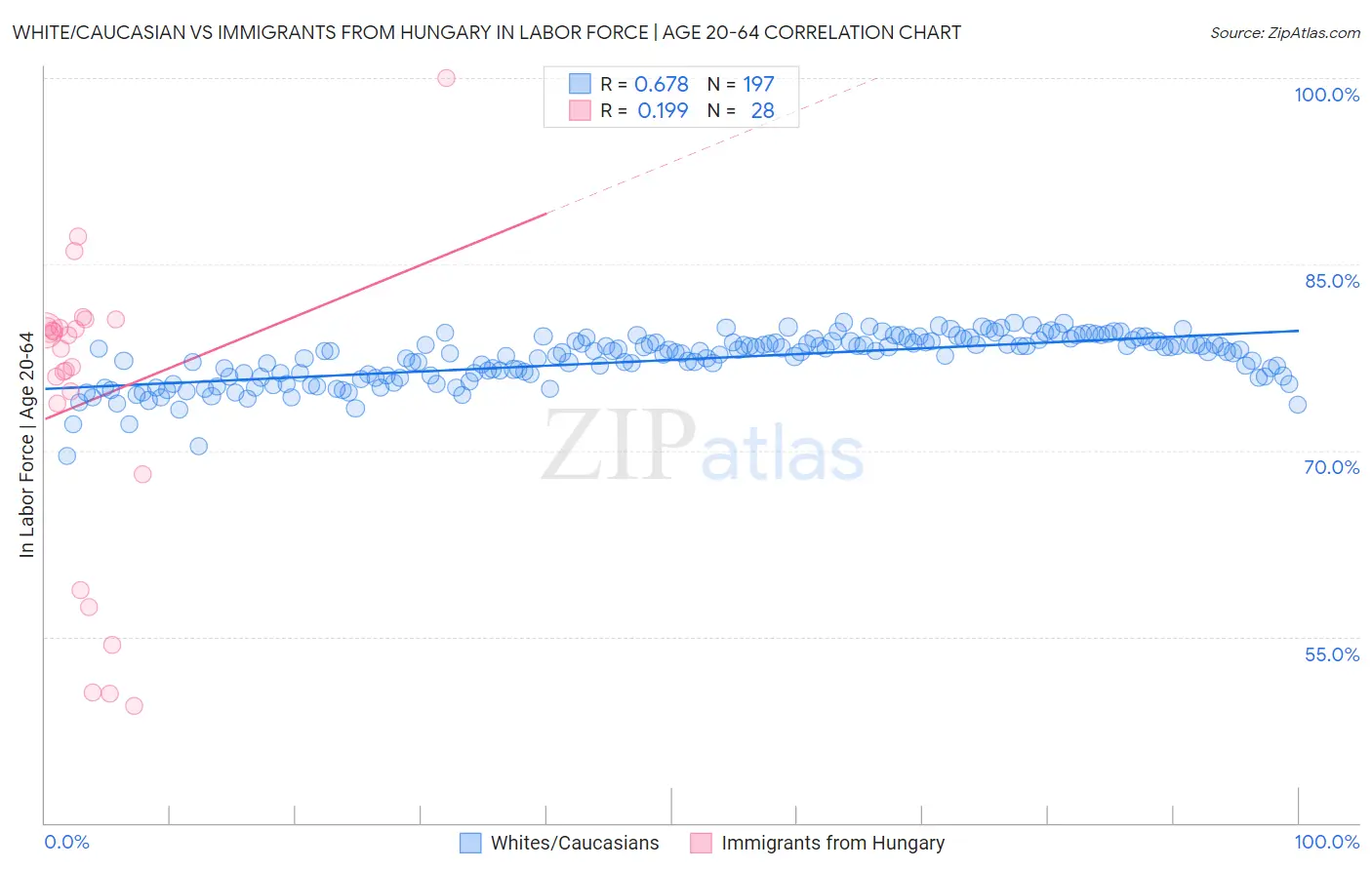 White/Caucasian vs Immigrants from Hungary In Labor Force | Age 20-64