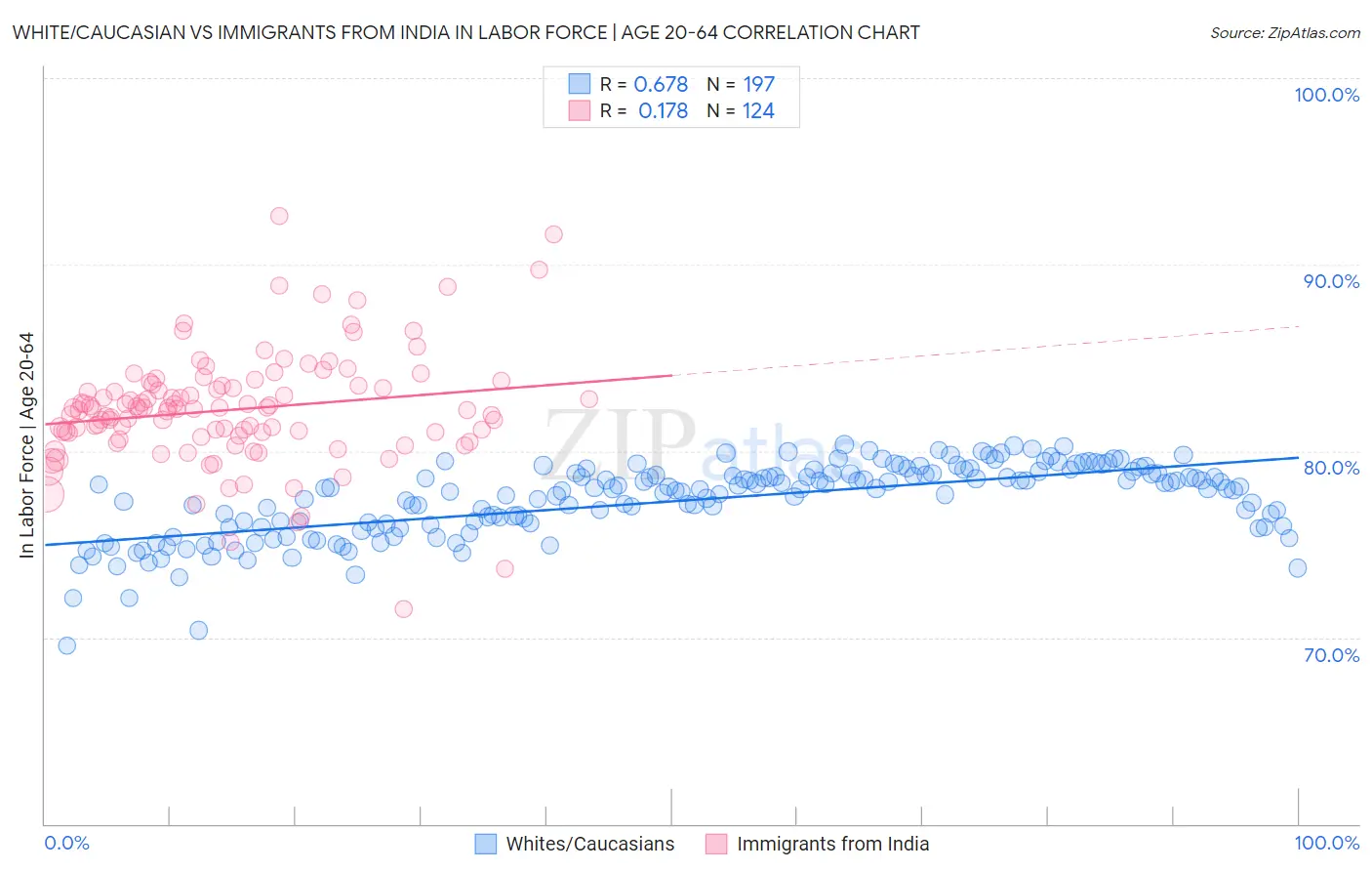 White/Caucasian vs Immigrants from India In Labor Force | Age 20-64