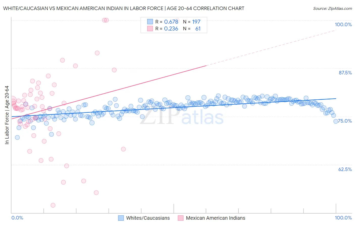 White/Caucasian vs Mexican American Indian In Labor Force | Age 20-64