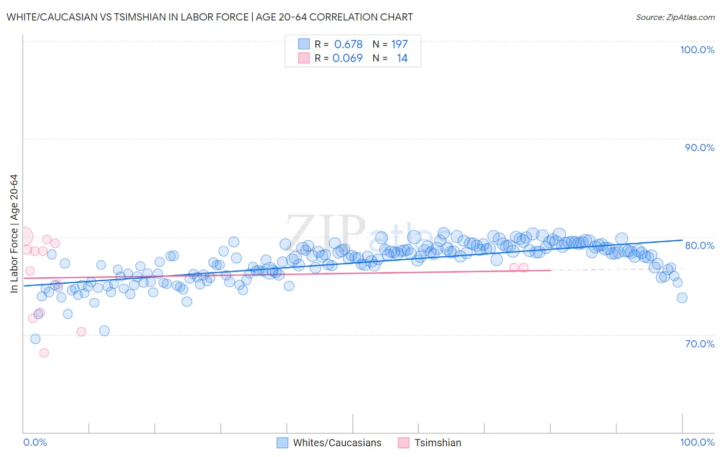 White/Caucasian vs Tsimshian In Labor Force | Age 20-64