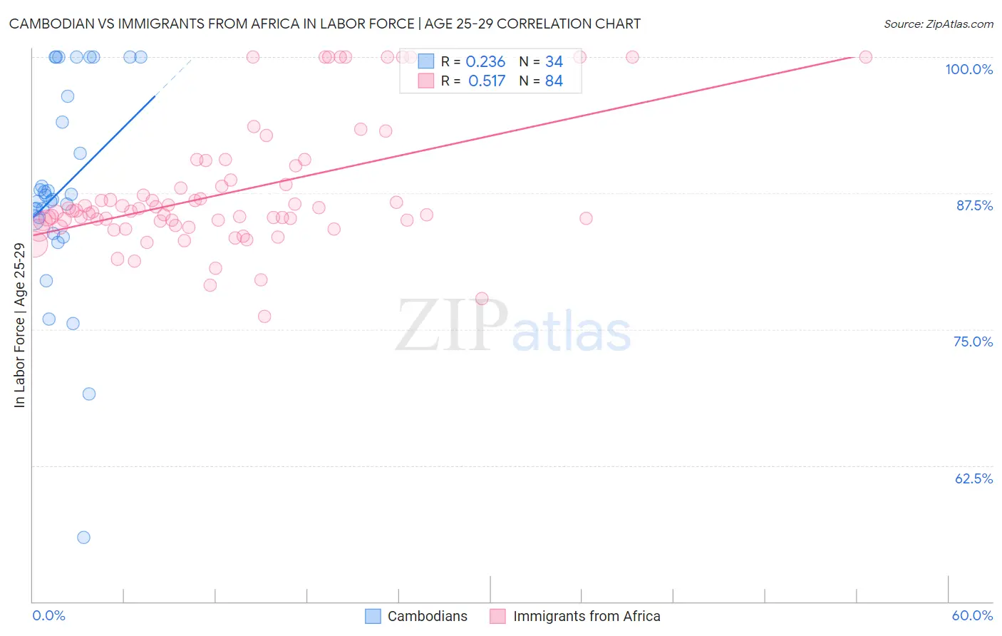 Cambodian vs Immigrants from Africa In Labor Force | Age 25-29