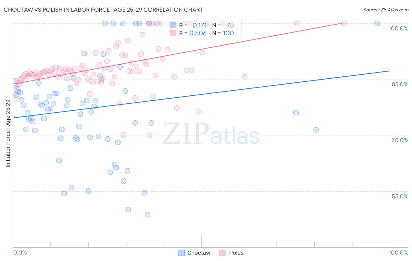 Choctaw vs Polish In Labor Force | Age 25-29