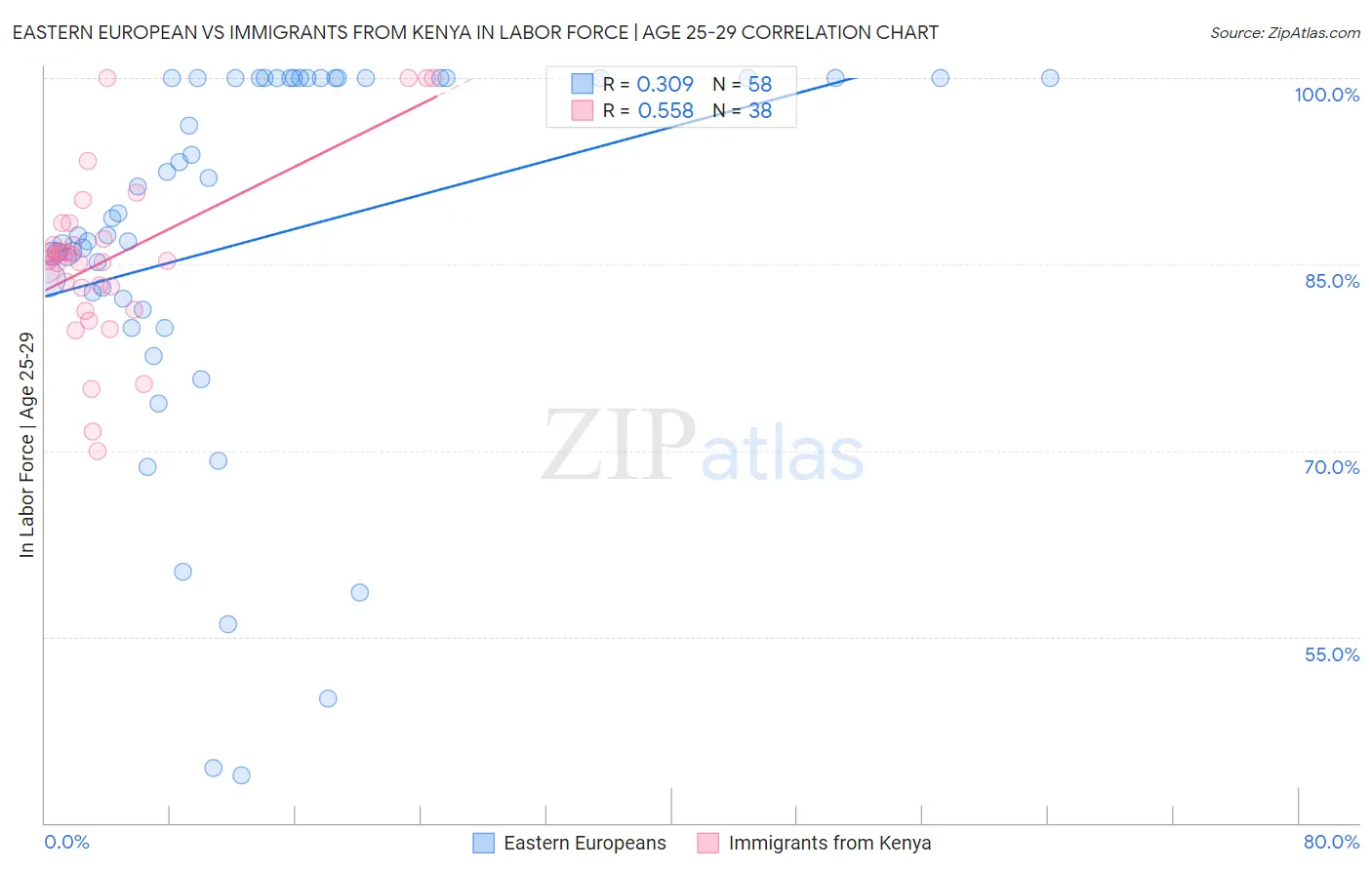 Eastern European vs Immigrants from Kenya In Labor Force | Age 25-29