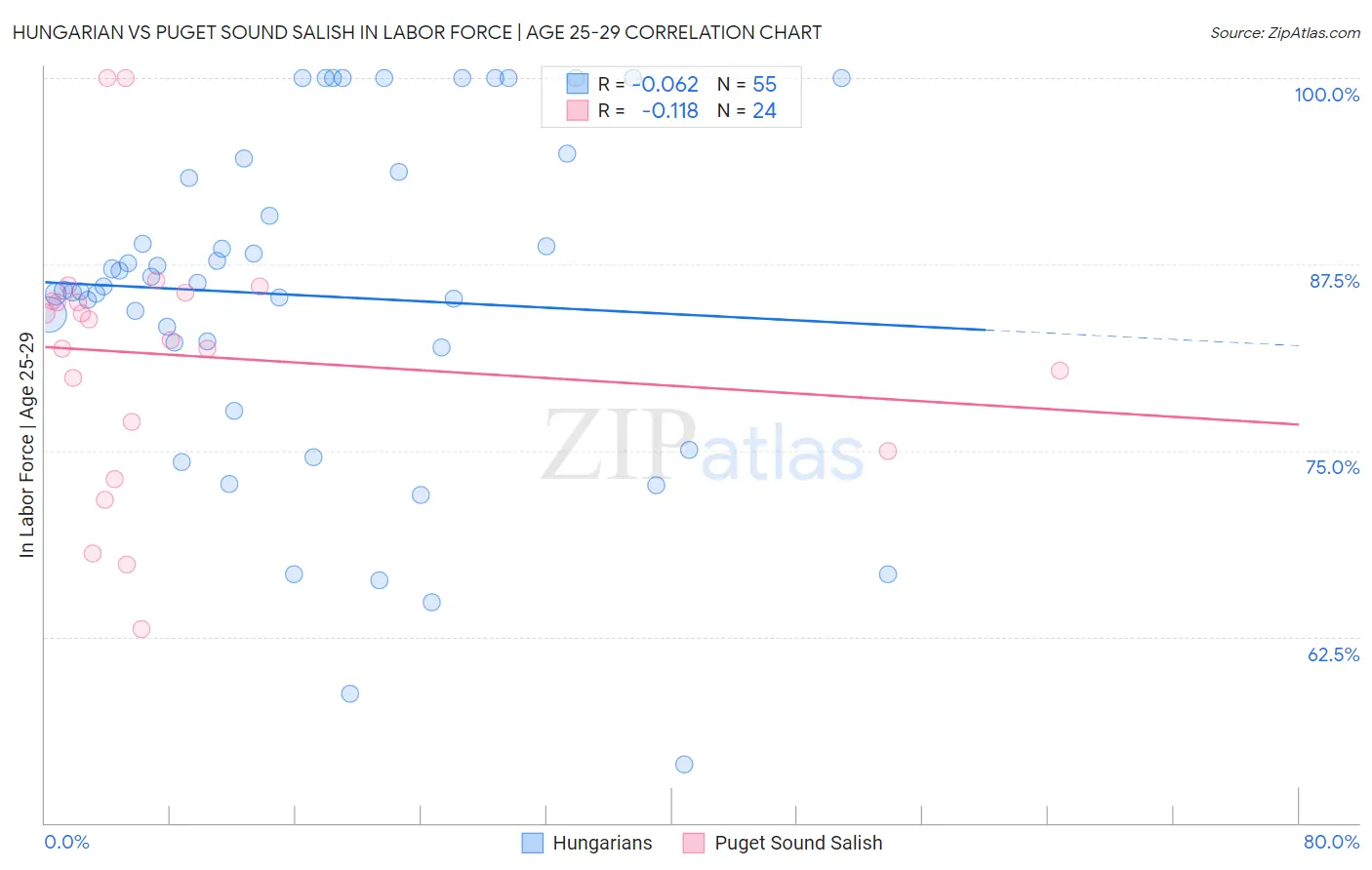 Hungarian vs Puget Sound Salish In Labor Force | Age 25-29