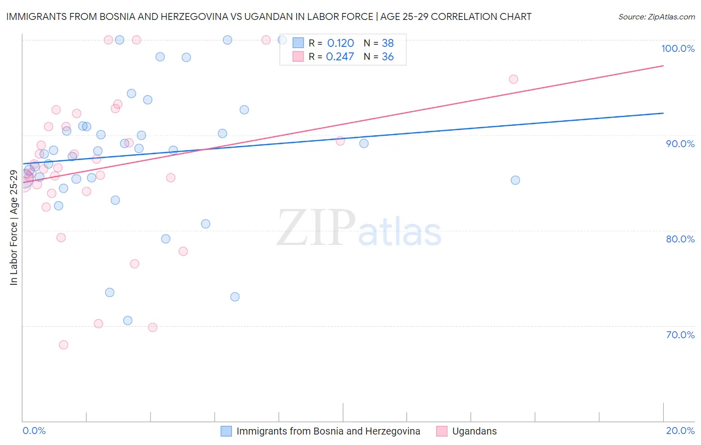 Immigrants from Bosnia and Herzegovina vs Ugandan In Labor Force | Age 25-29