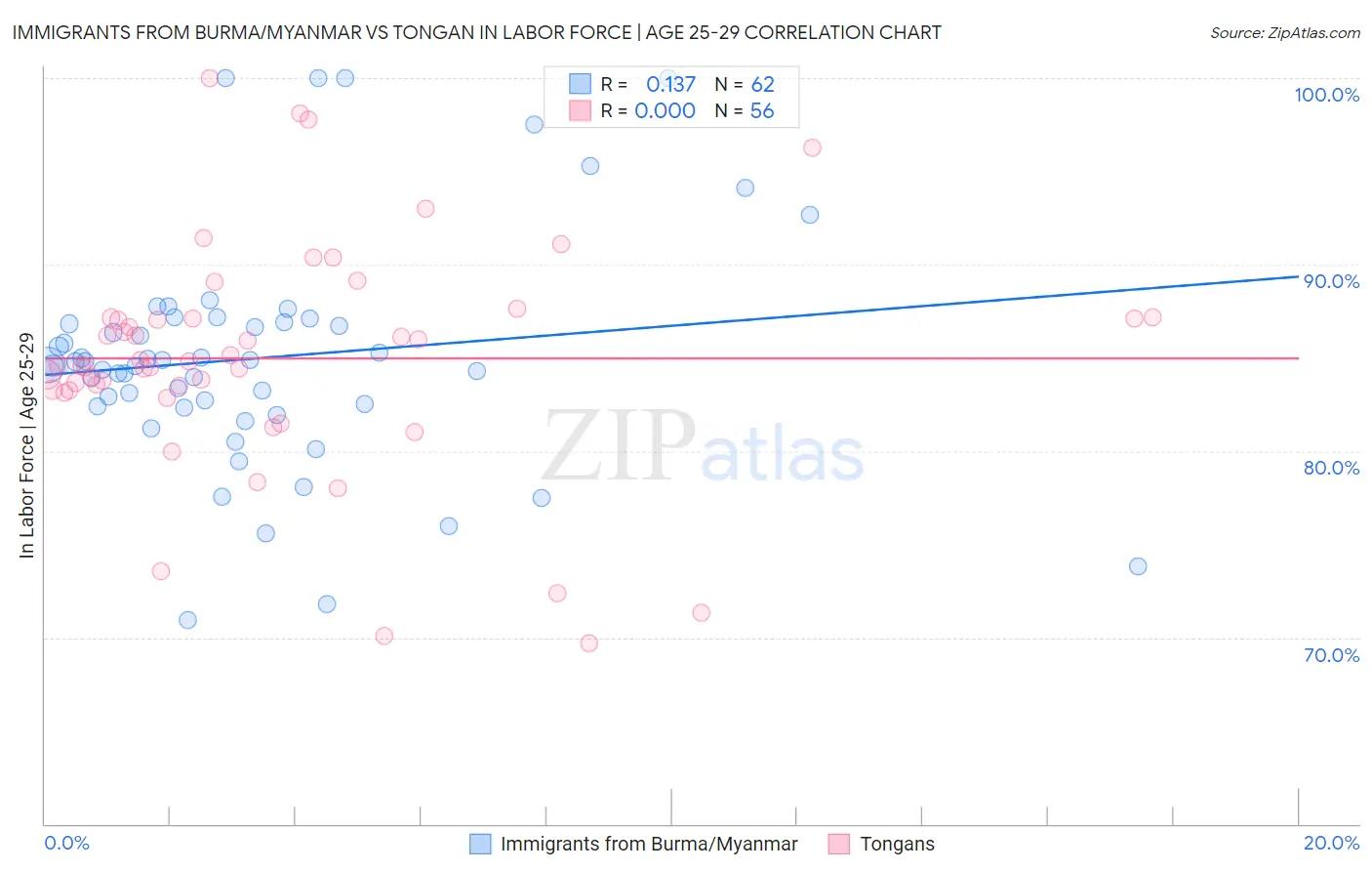 Immigrants from Burma/Myanmar vs Tongan In Labor Force | Age 25-29