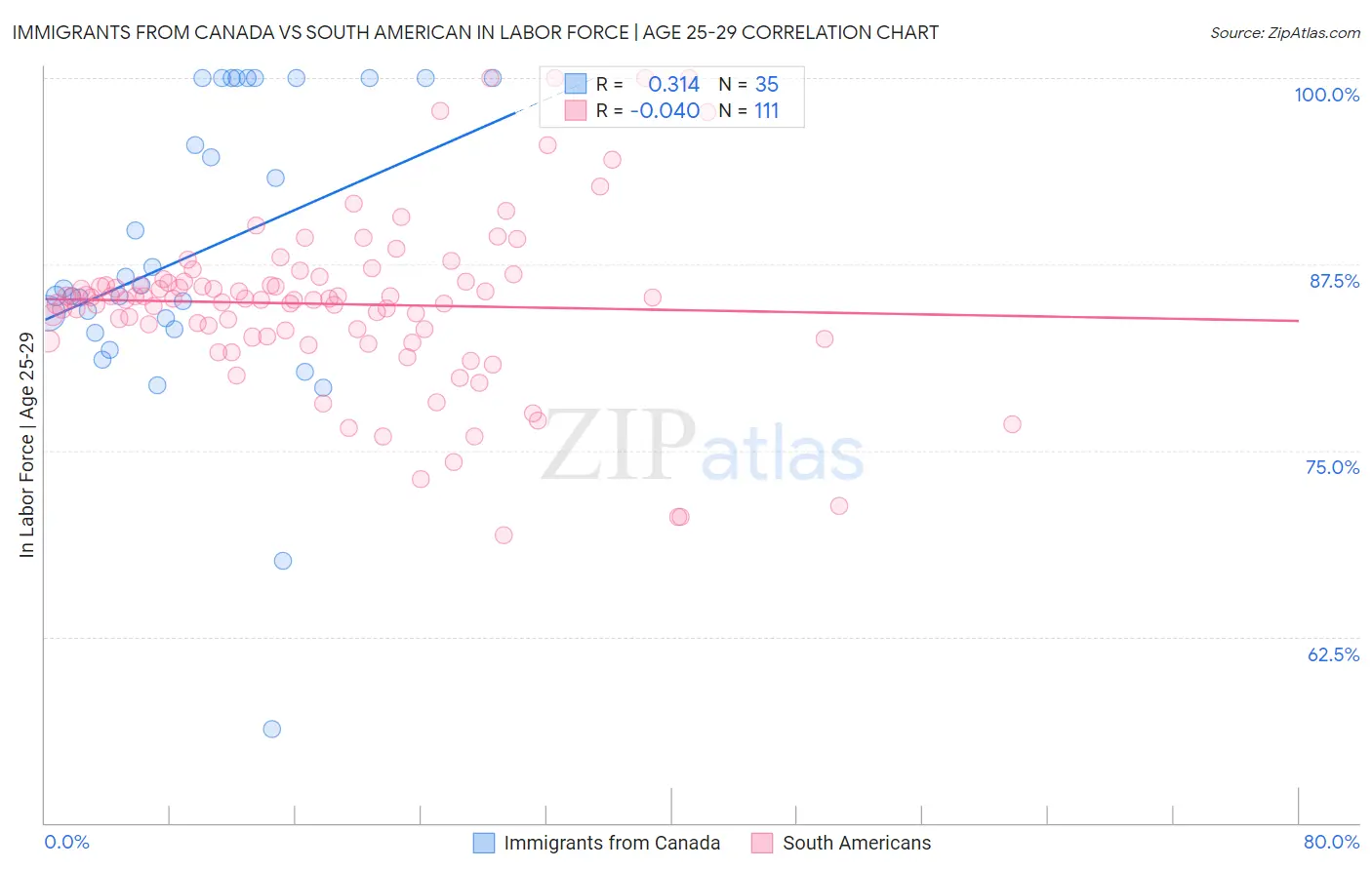 Immigrants from Canada vs South American In Labor Force | Age 25-29