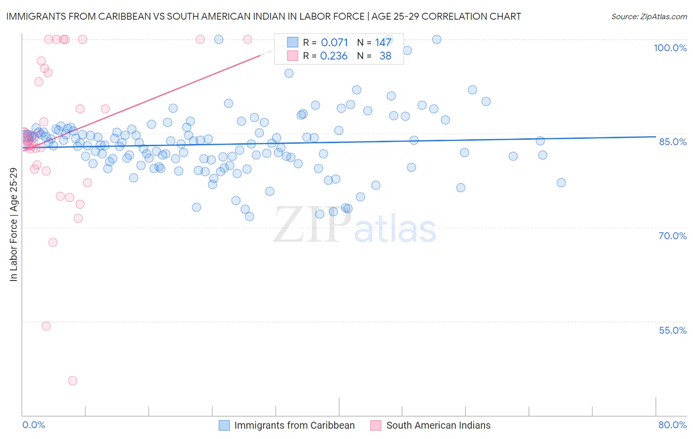 Immigrants from Caribbean vs South American Indian In Labor Force | Age 25-29