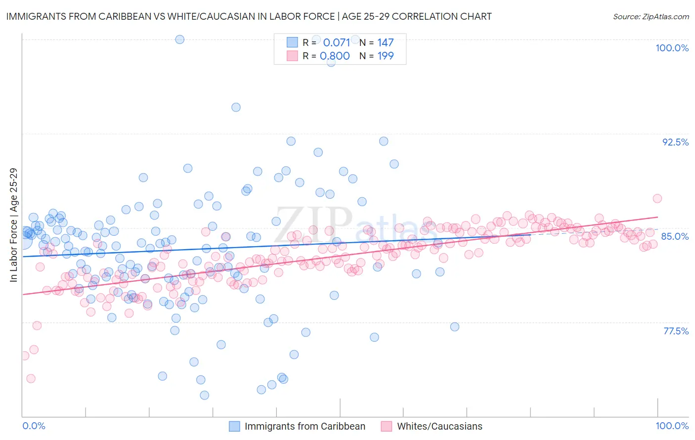 Immigrants from Caribbean vs White/Caucasian In Labor Force | Age 25-29
