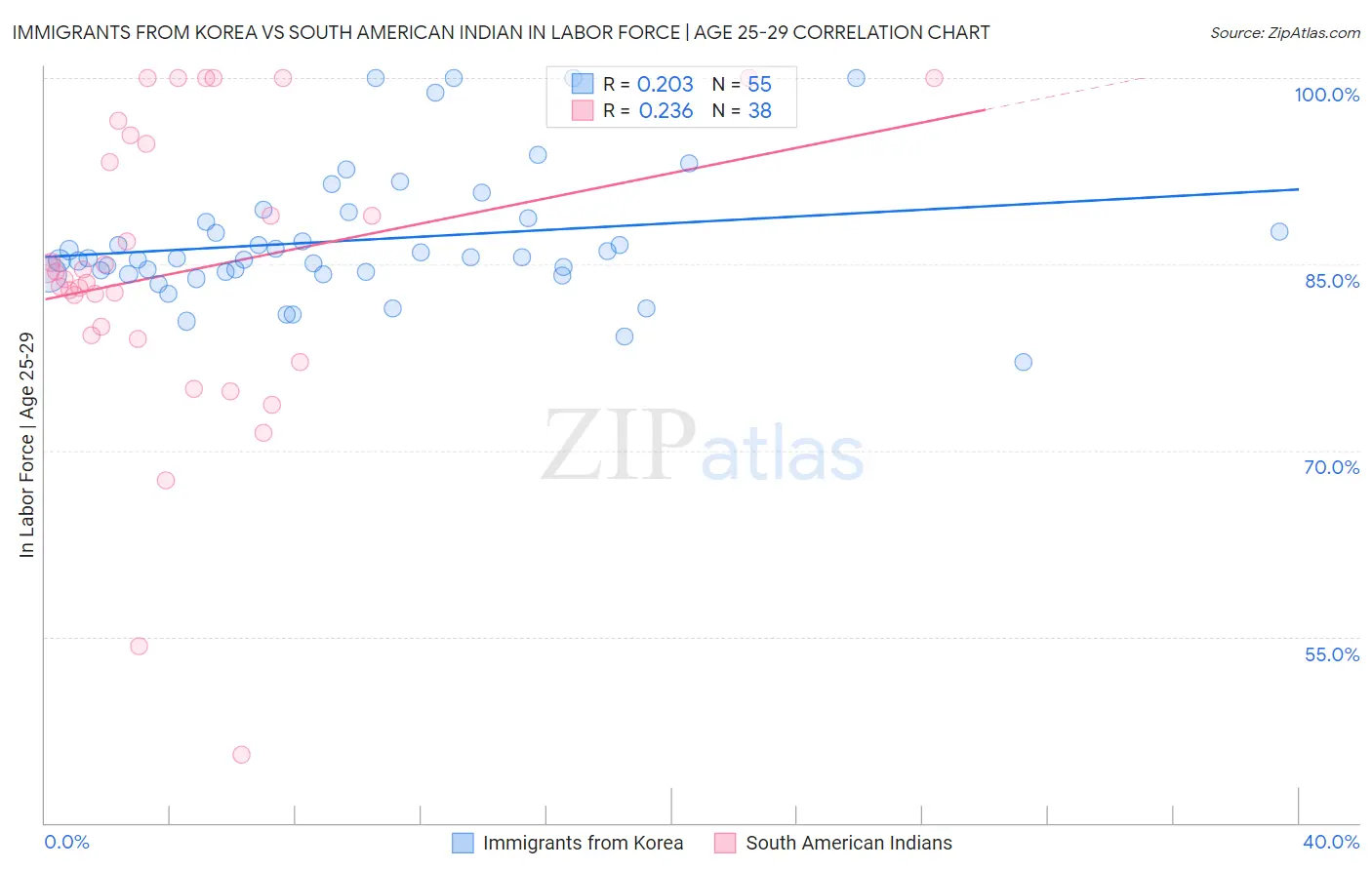 Immigrants from Korea vs South American Indian In Labor Force | Age 25-29