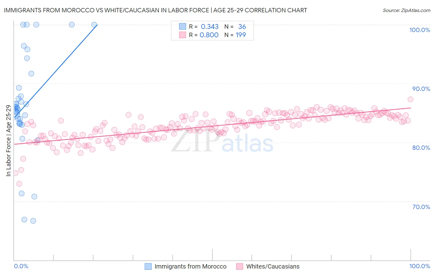 Immigrants from Morocco vs White/Caucasian In Labor Force | Age 25-29