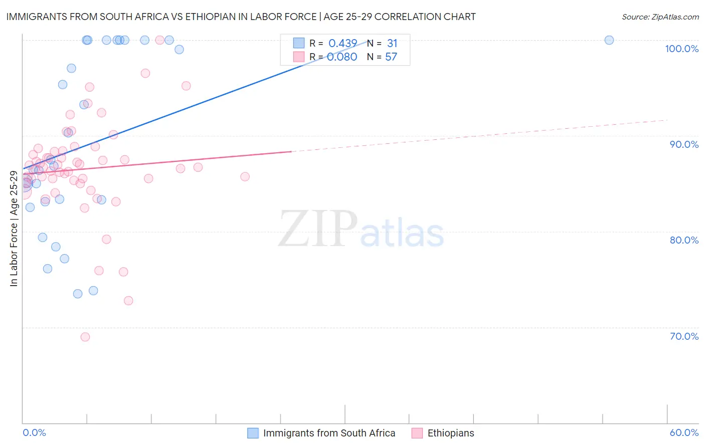 Immigrants from South Africa vs Ethiopian In Labor Force | Age 25-29