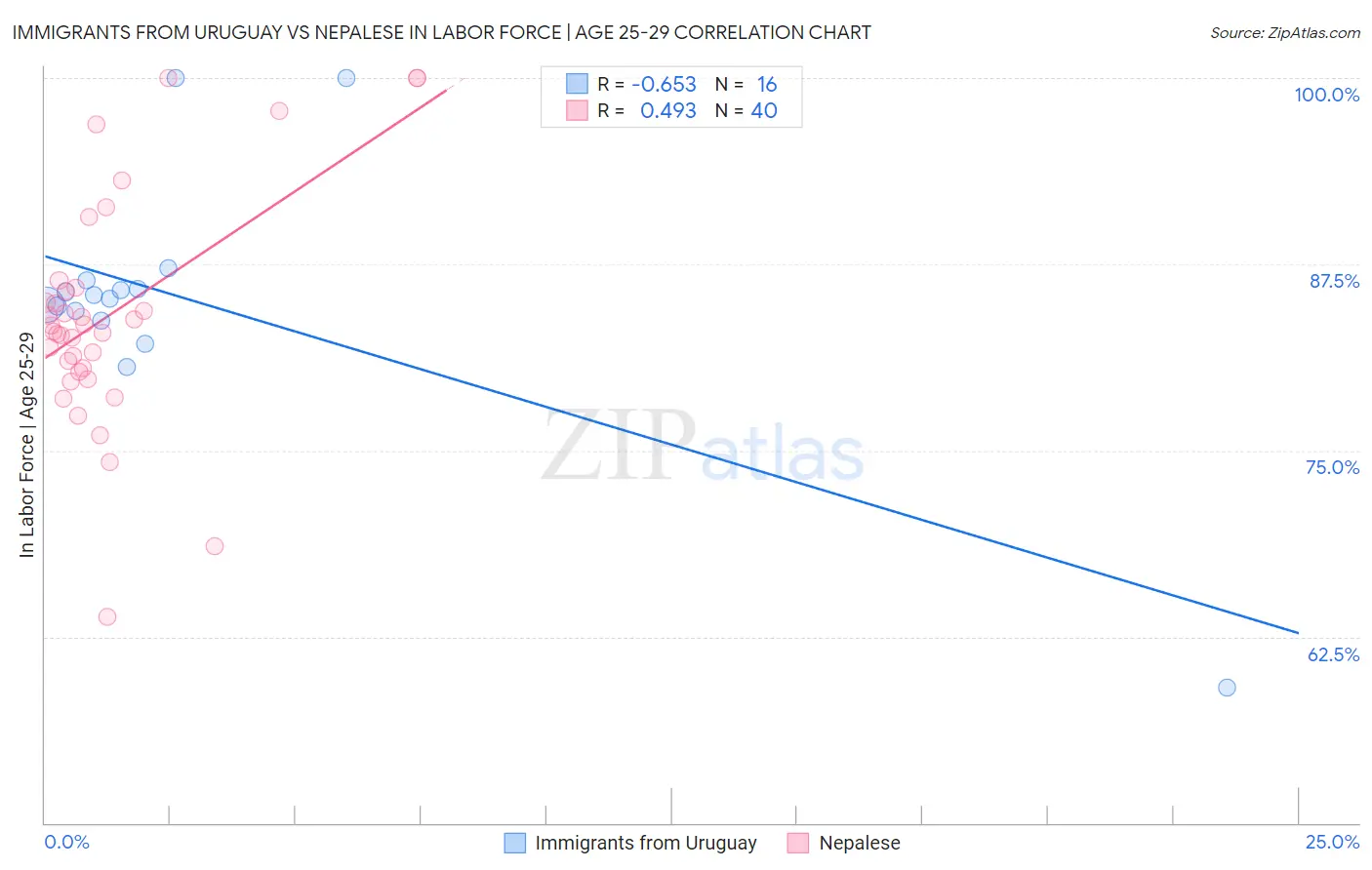 Immigrants from Uruguay vs Nepalese In Labor Force | Age 25-29