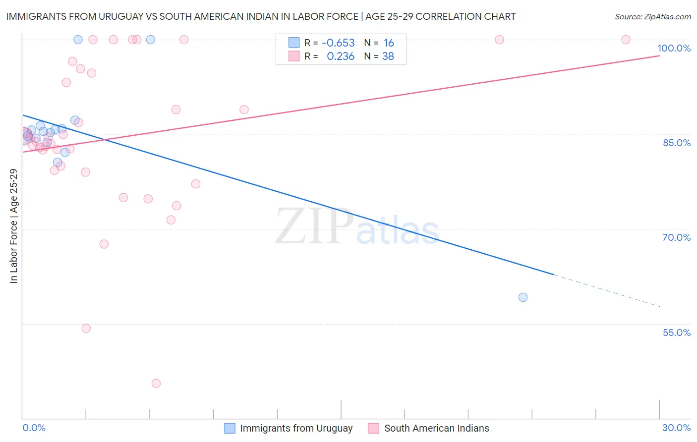 Immigrants from Uruguay vs South American Indian In Labor Force | Age 25-29
