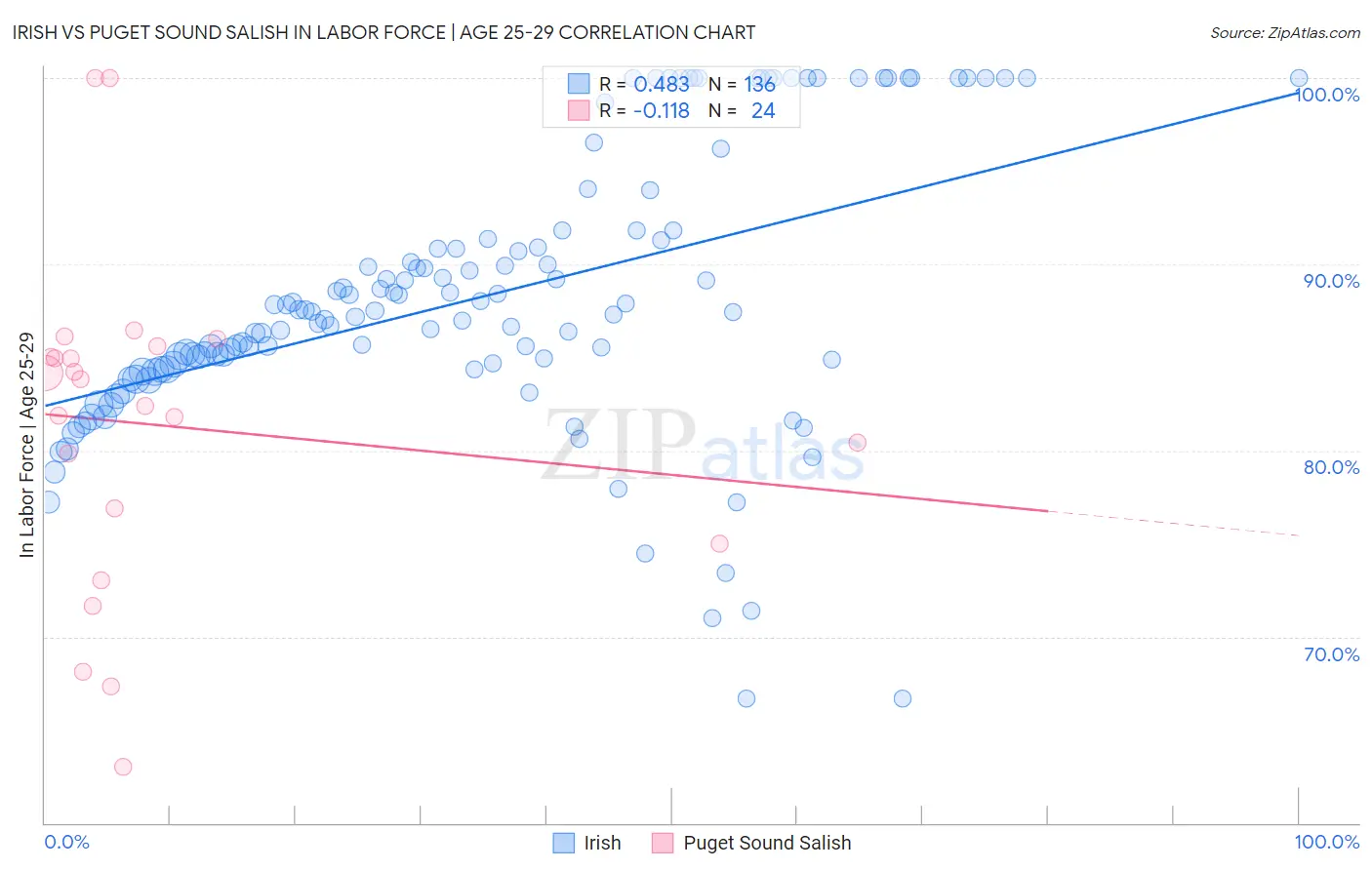 Irish vs Puget Sound Salish In Labor Force | Age 25-29