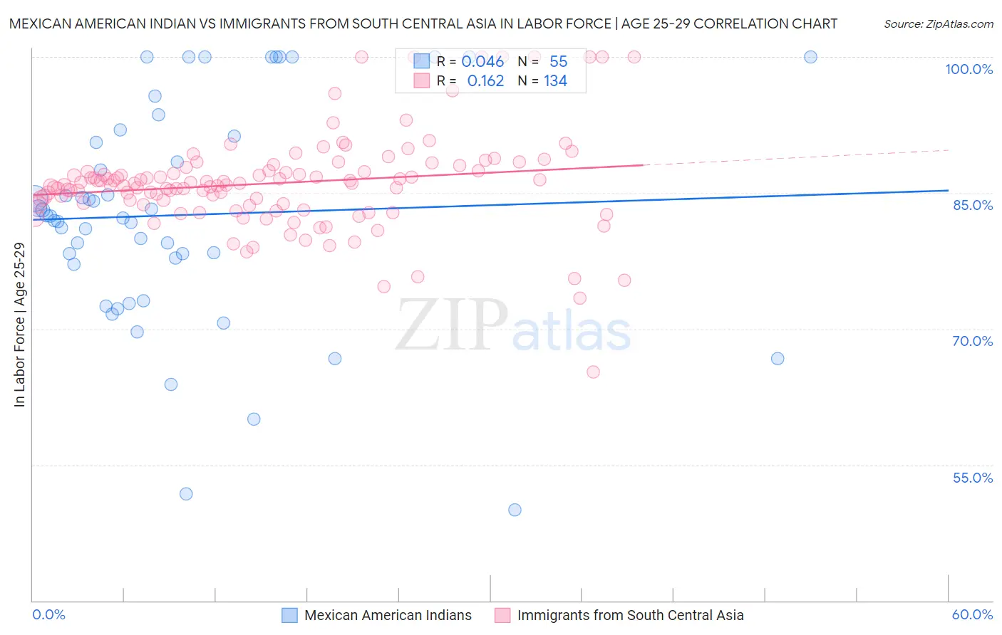 Mexican American Indian vs Immigrants from South Central Asia In Labor Force | Age 25-29