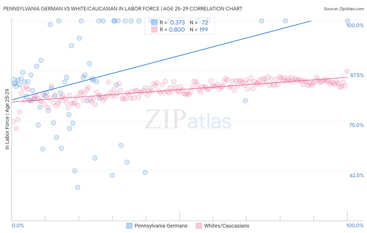 Pennsylvania German vs White/Caucasian In Labor Force | Age 25-29