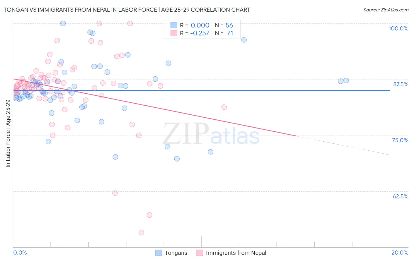 Tongan vs Immigrants from Nepal In Labor Force | Age 25-29