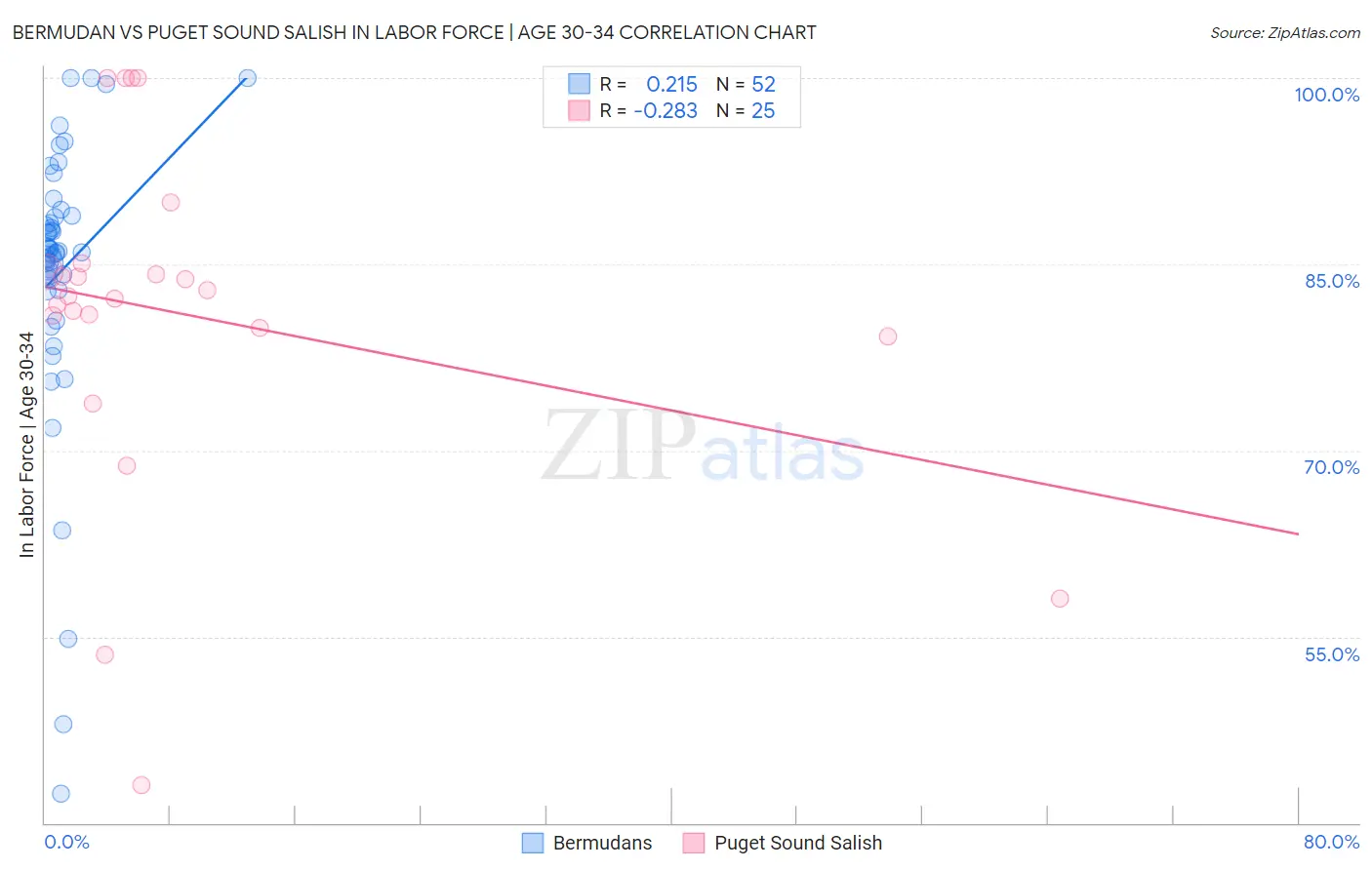 Bermudan vs Puget Sound Salish In Labor Force | Age 30-34