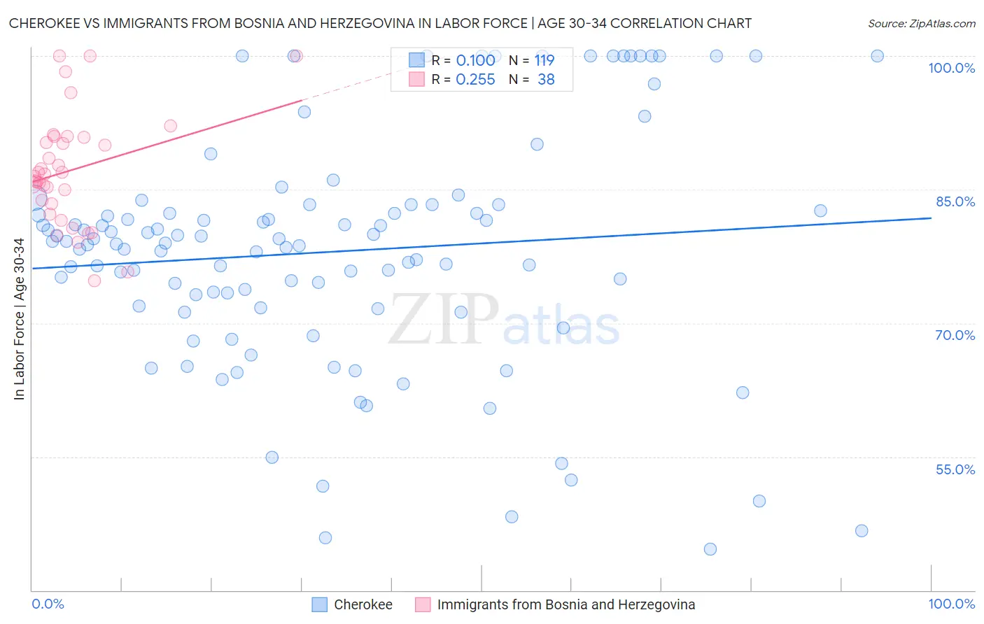 Cherokee vs Immigrants from Bosnia and Herzegovina In Labor Force | Age 30-34