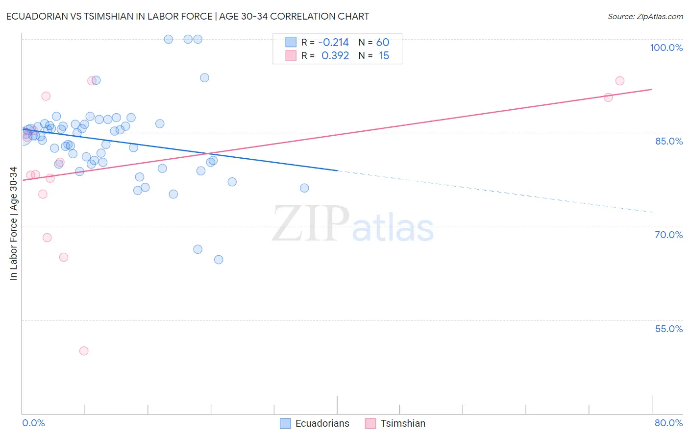 Ecuadorian vs Tsimshian In Labor Force | Age 30-34