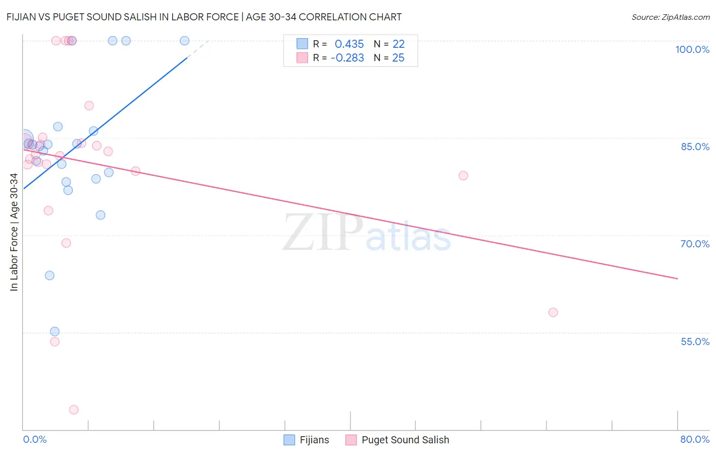 Fijian vs Puget Sound Salish In Labor Force | Age 30-34