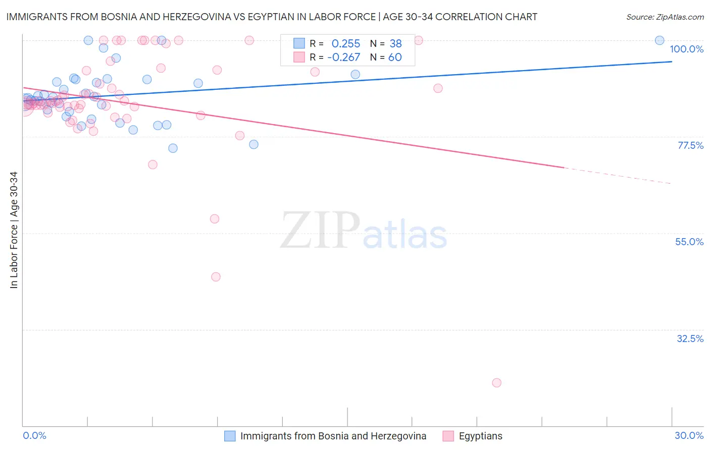 Immigrants from Bosnia and Herzegovina vs Egyptian In Labor Force | Age 30-34