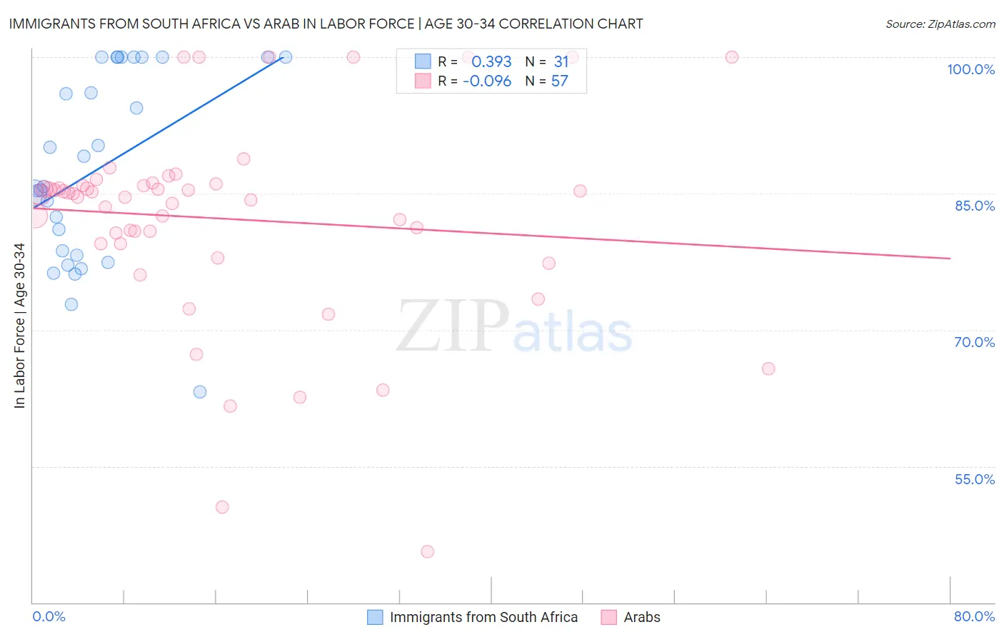 Immigrants from South Africa vs Arab In Labor Force | Age 30-34